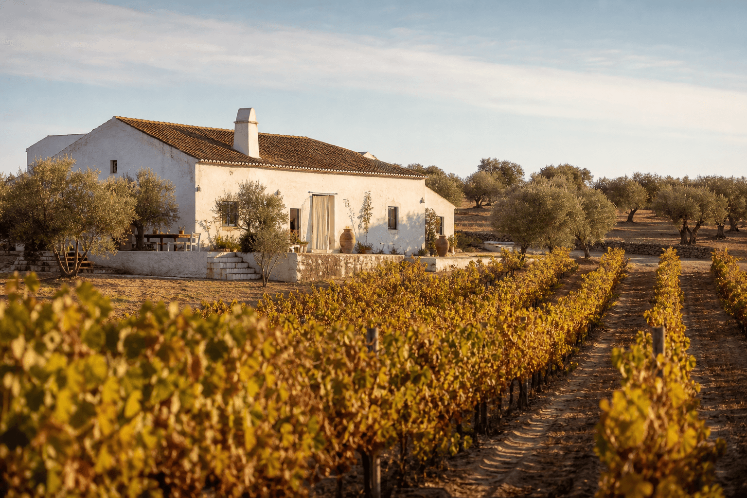 Whitewashed Alentejo quinta beside a vineyard in September