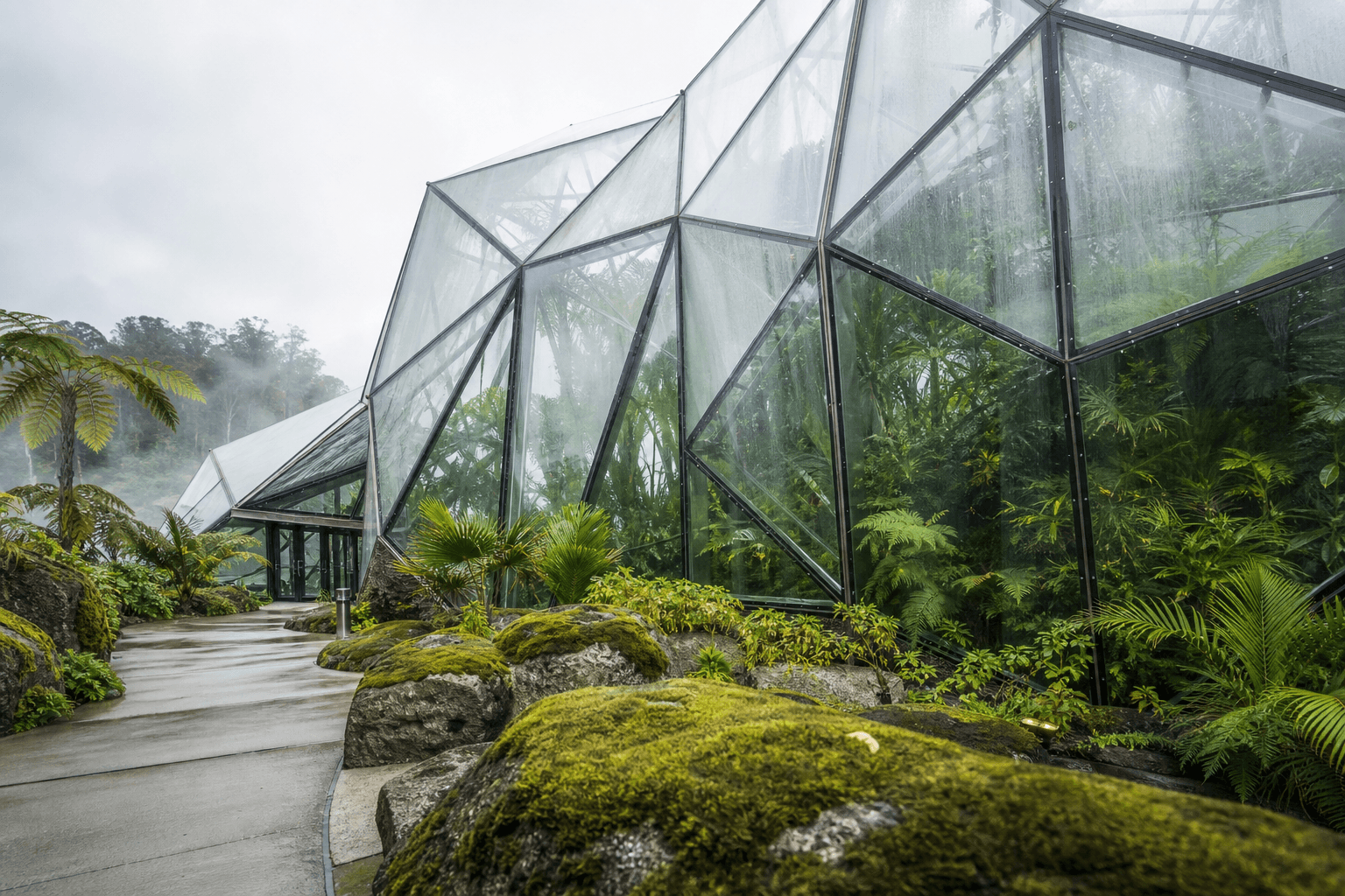 Sculptural glasshouse surrounded by lush plants and misty greenery.
