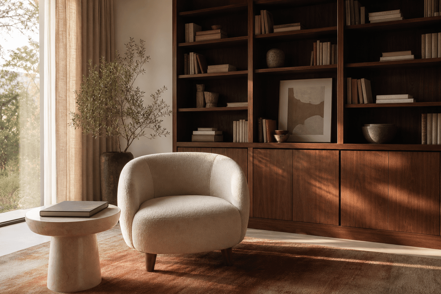 Warm reading room with a cream lounge chair and walnut bookcase in afternoon light.